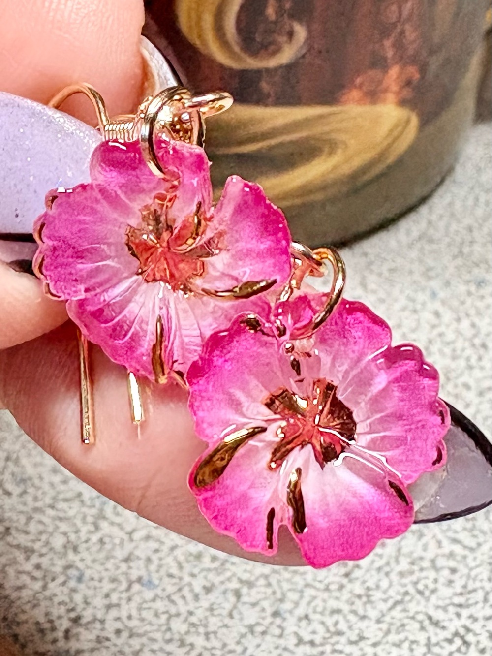 Hand Crafted Pink Floral Drop Earrings with Gold Accents